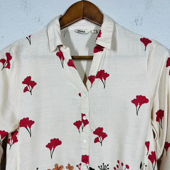 Max Half Button Mod Floral Print Tunic Tan Pink Red Hi Lo Hem - M - Picture 2 of 5